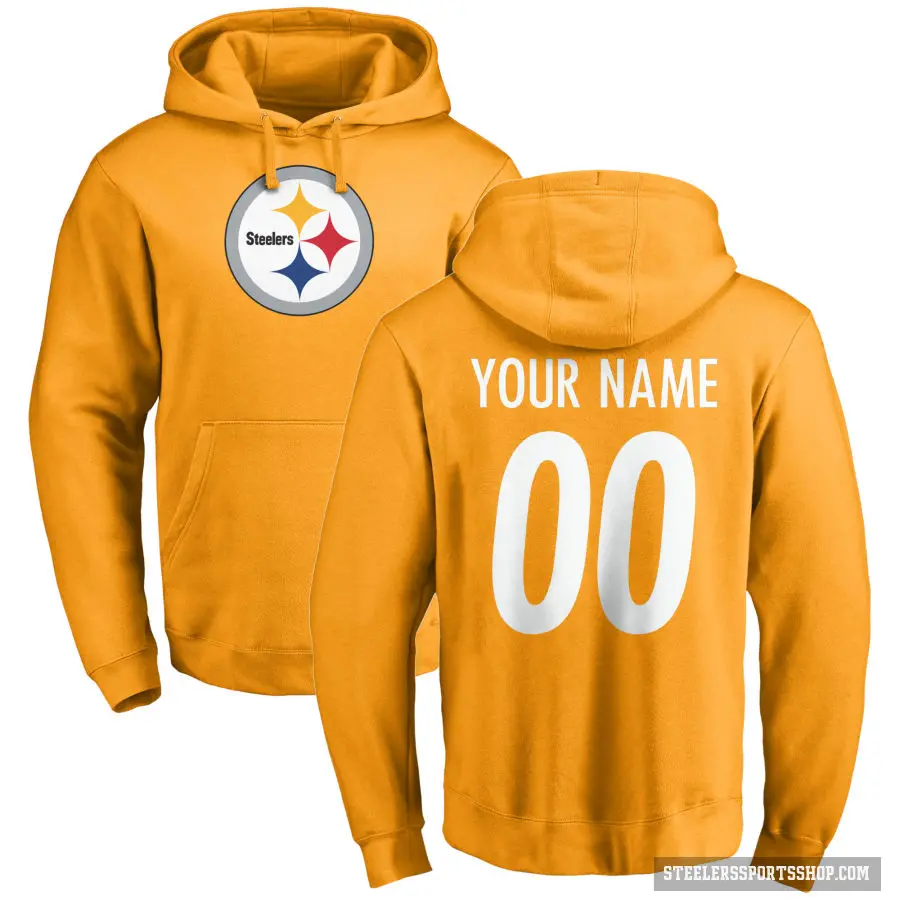 Men's ＃00 Custom Pittsburgh Steelers Gold Pro Line Name & Number Logo Pullover Hoodie