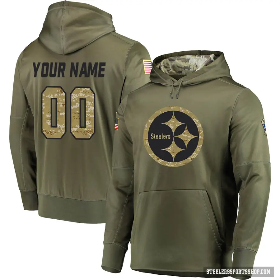 Men's ＃00 Custom Pittsburgh Steelers Olive Salute to Service Pullover Hoodie