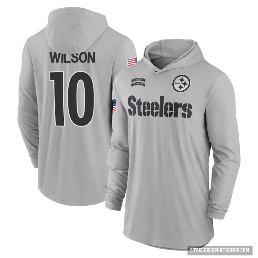 Men's ＃10 Roman Wilson Pittsburgh Steelers Gray 2024 Salute to Service Lightweight Performance Long Sleeve Hooded T-Shirt