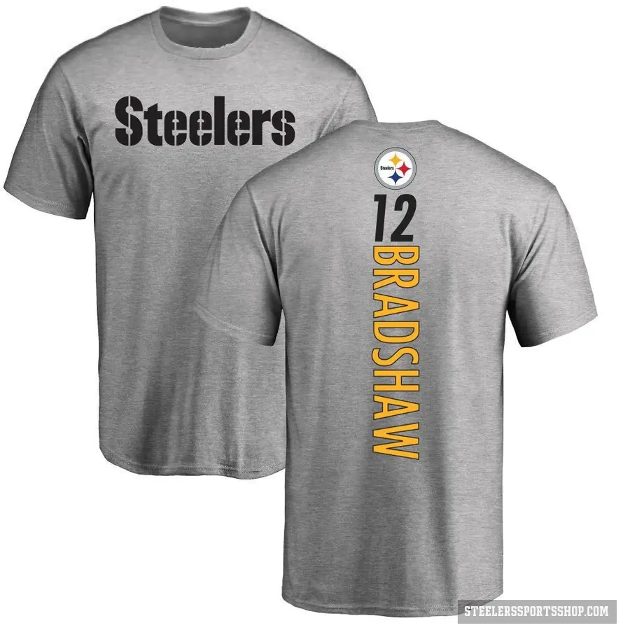 Men's ＃12 Terry Bradshaw Pittsburgh Steelers Ash Backer T-Shirt