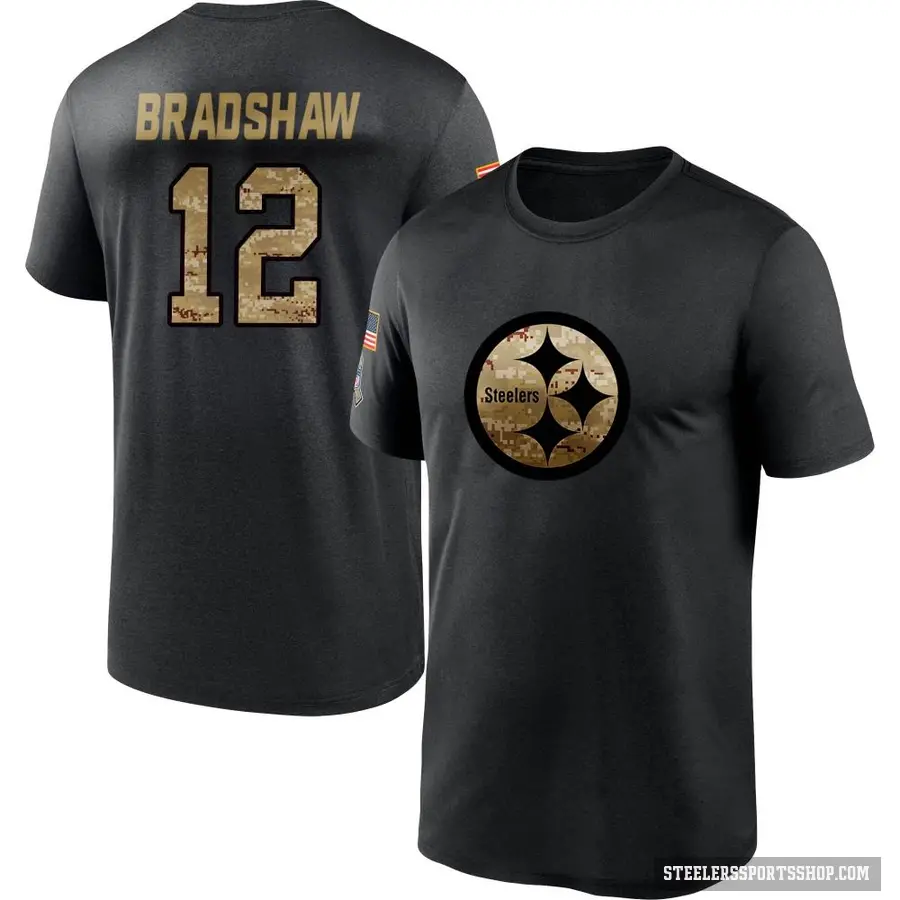 Men's ＃12 Terry Bradshaw Pittsburgh Steelers Black 2020 Salute To Service Performance T-Shirt