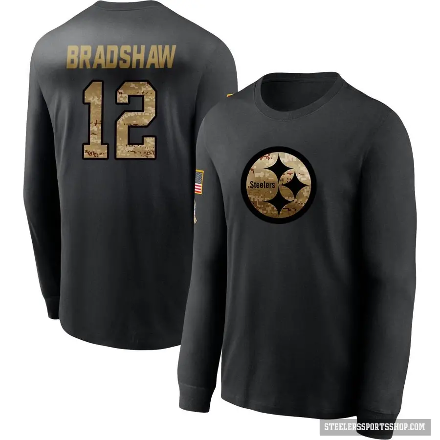 Men's ＃12 Terry Bradshaw Pittsburgh Steelers Black 2020 Salute To Service Sideline Performance Long Sleeve T-Shirt