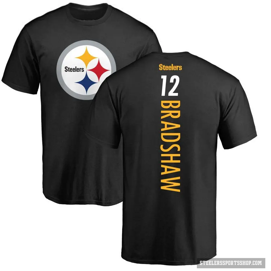 Men's ＃12 Terry Bradshaw Pittsburgh Steelers Black Backer T-Shirt