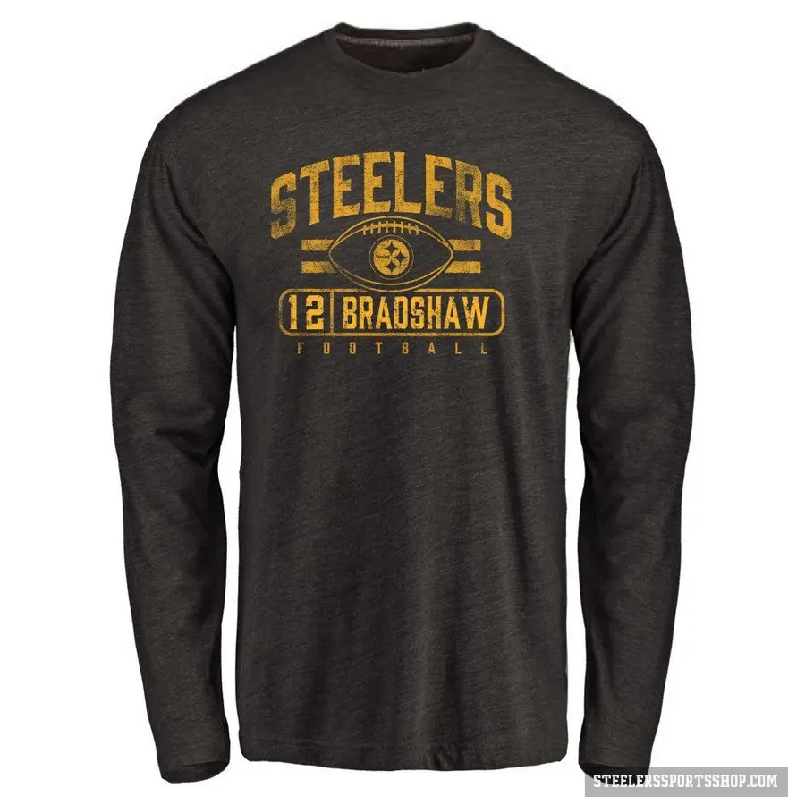 Men's ＃12 Terry Bradshaw Pittsburgh Steelers Black Flanker Long Sleeve T-Shirt