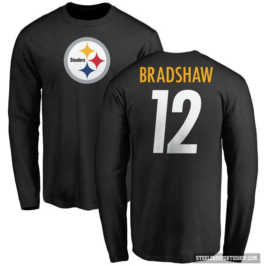 Men's ＃12 Terry Bradshaw Pittsburgh Steelers Black Logo Long Sleeve T-Shirt