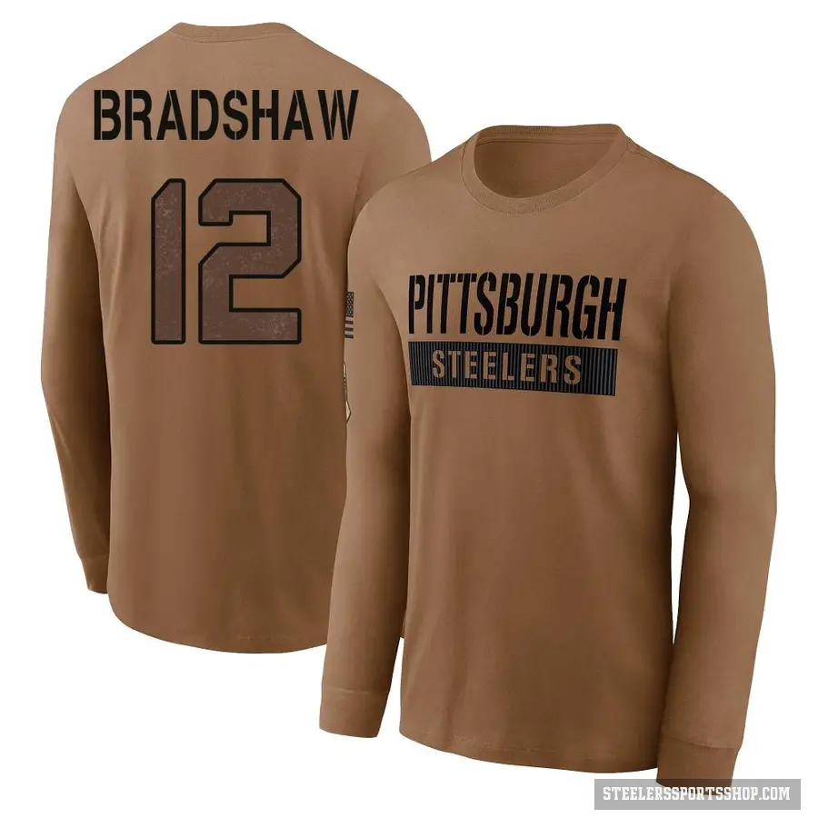 Men's ＃12 Terry Bradshaw Pittsburgh Steelers Brown 2023 Salute To Service Long Sleeve T-Shirt