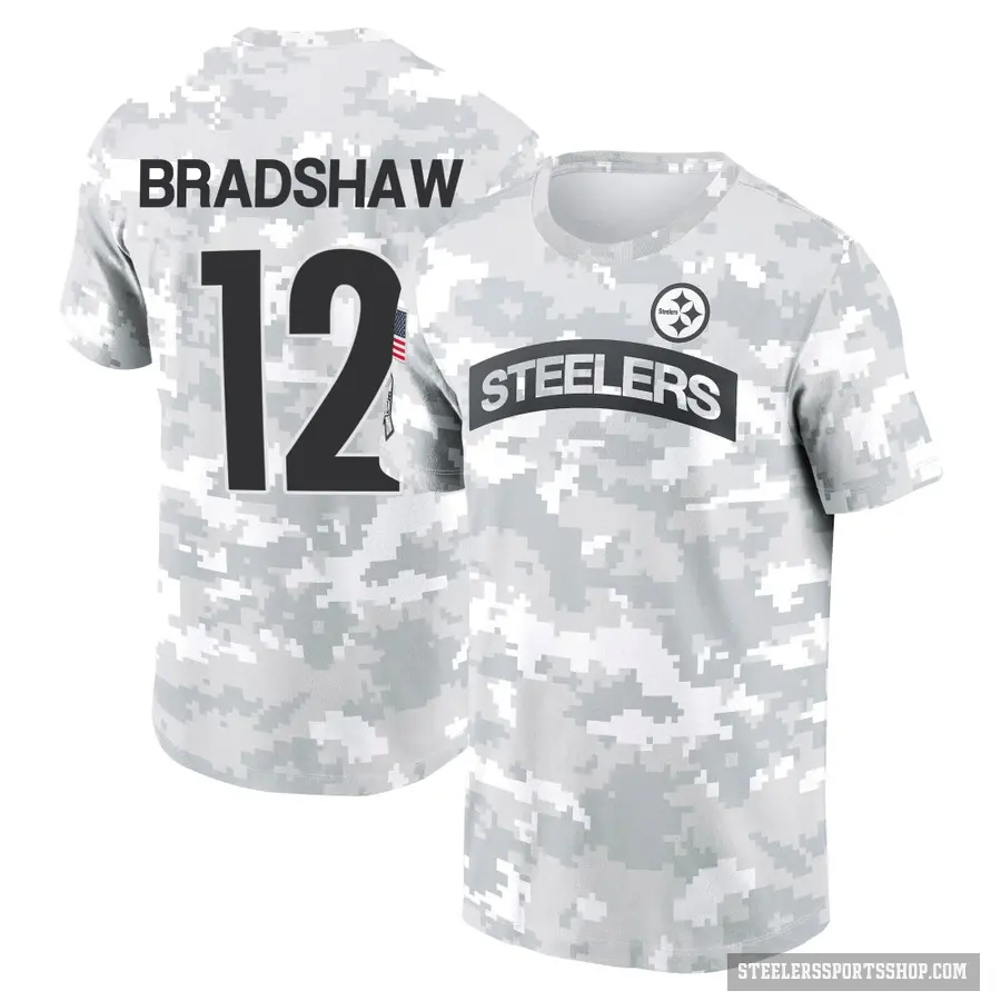 Men's ＃12 Terry Bradshaw Pittsburgh Steelers Camo Arctic 2024 Salute to Service Performance T-Shirt