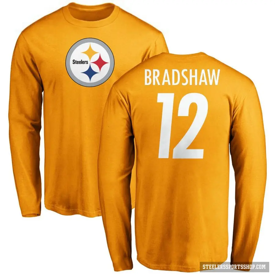 Men's ＃12 Terry Bradshaw Pittsburgh Steelers Gold Logo Long Sleeve T-Shirt