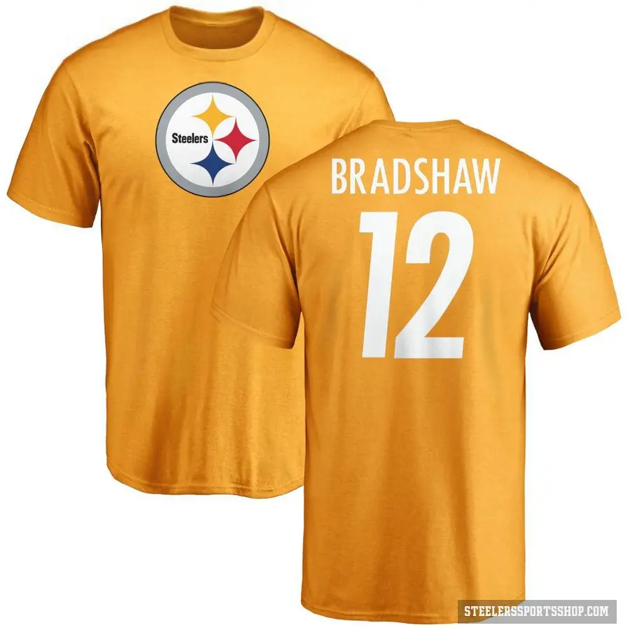 Men's ＃12 Terry Bradshaw Pittsburgh Steelers Gold Logo T-Shirt