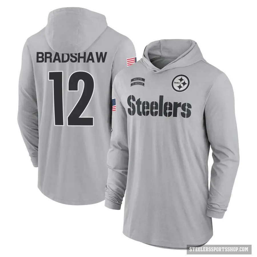 Men's ＃12 Terry Bradshaw Pittsburgh Steelers Gray 2024 Salute to Service Lightweight Performance Long Sleeve Hooded T-Shirt