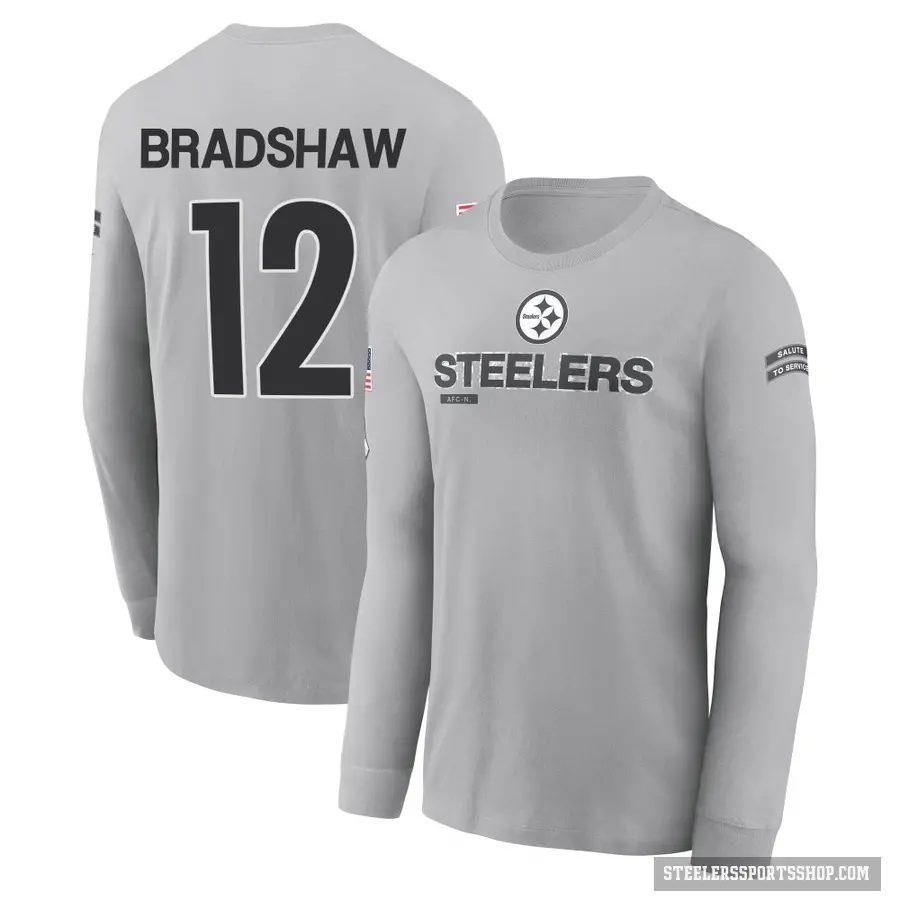 Men's ＃12 Terry Bradshaw Pittsburgh Steelers Gray 2024 Salute to Service Long Sleeve T-Shirt