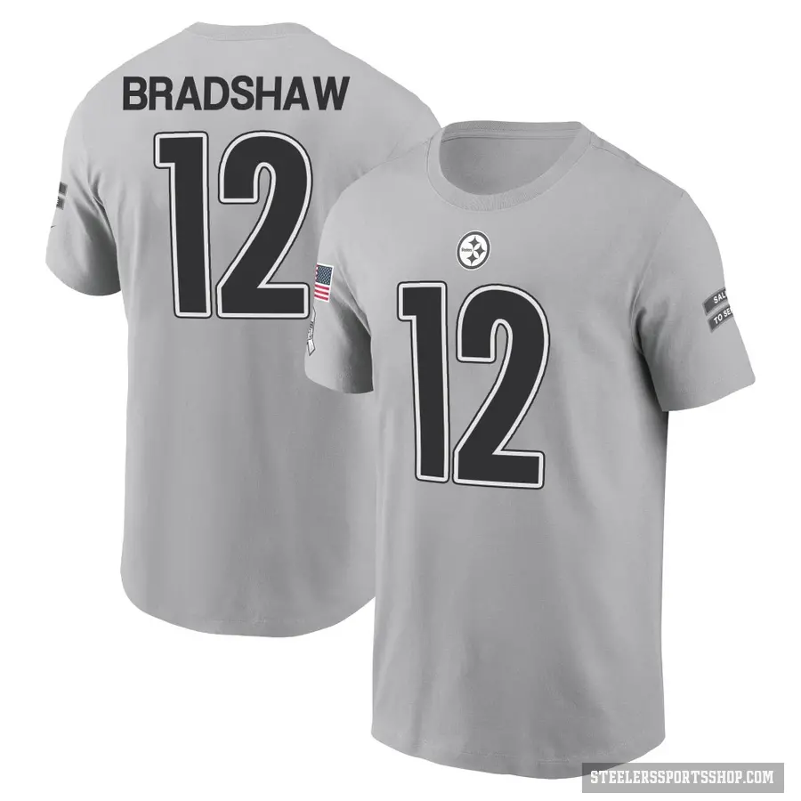 Men's ＃12 Terry Bradshaw Pittsburgh Steelers Gray 2024 Salute to Service T-Shirt