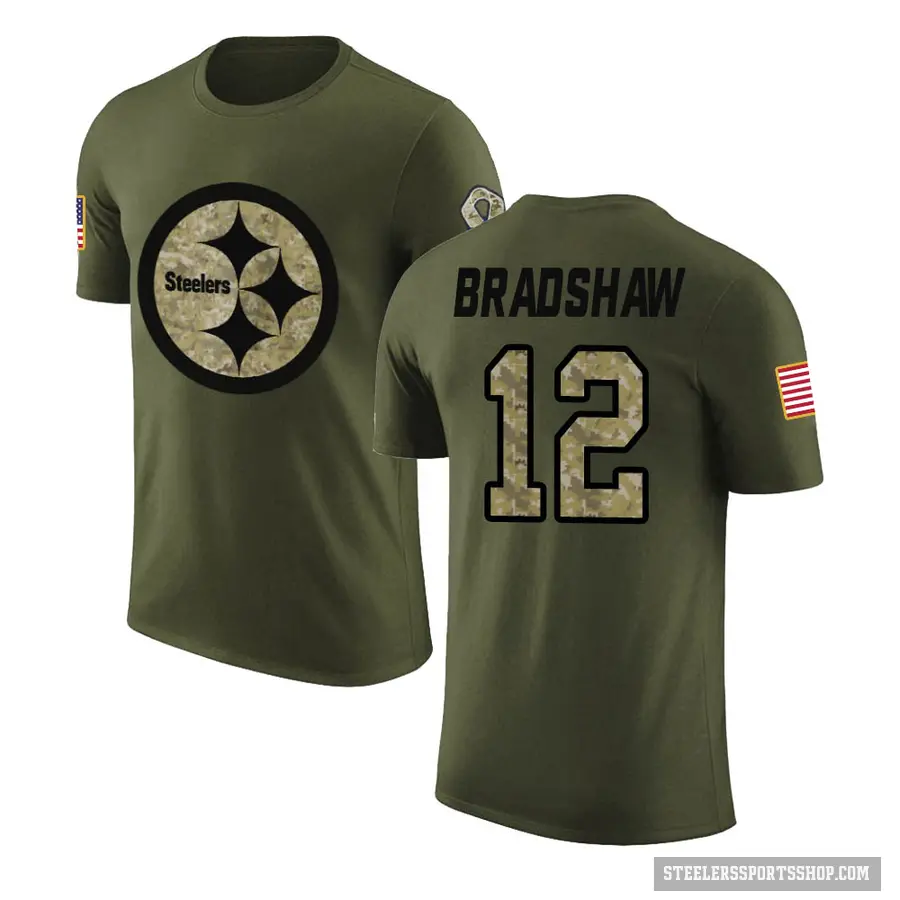 Men's ＃12 Terry Bradshaw Pittsburgh Steelers Olive Salute to Service T-Shirt