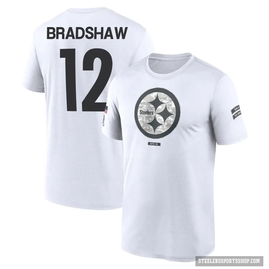 Men's ＃12 Terry Bradshaw Pittsburgh Steelers White 2024 Salute to Service Performance T-Shirt