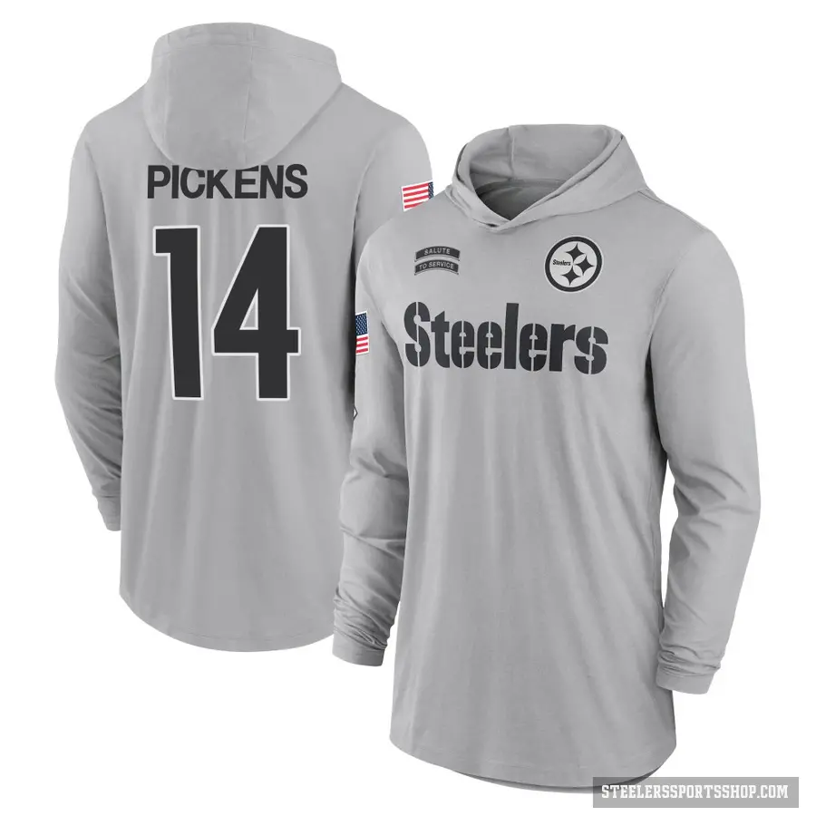 Men's ＃14 George Pickens Pittsburgh Steelers Gray 2024 Salute to Service Lightweight Performance Long Sleeve Hooded T-Shirt