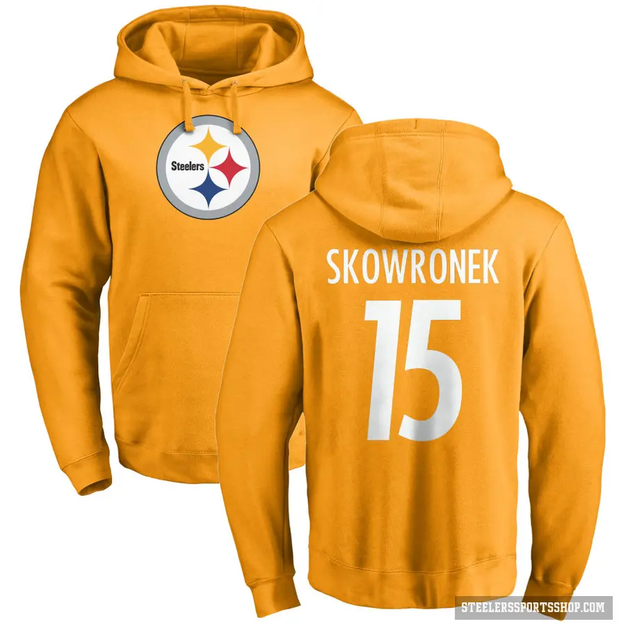 Men's ＃15 Ben Skowronek Pittsburgh Steelers Gold Pro Line Name & Number Logo Pullover Hoodie