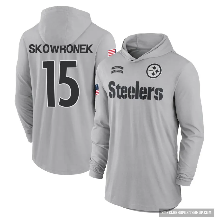 Men's ＃15 Ben Skowronek Pittsburgh Steelers Gray 2024 Salute to Service Lightweight Performance Long Sleeve Hooded T-Shirt