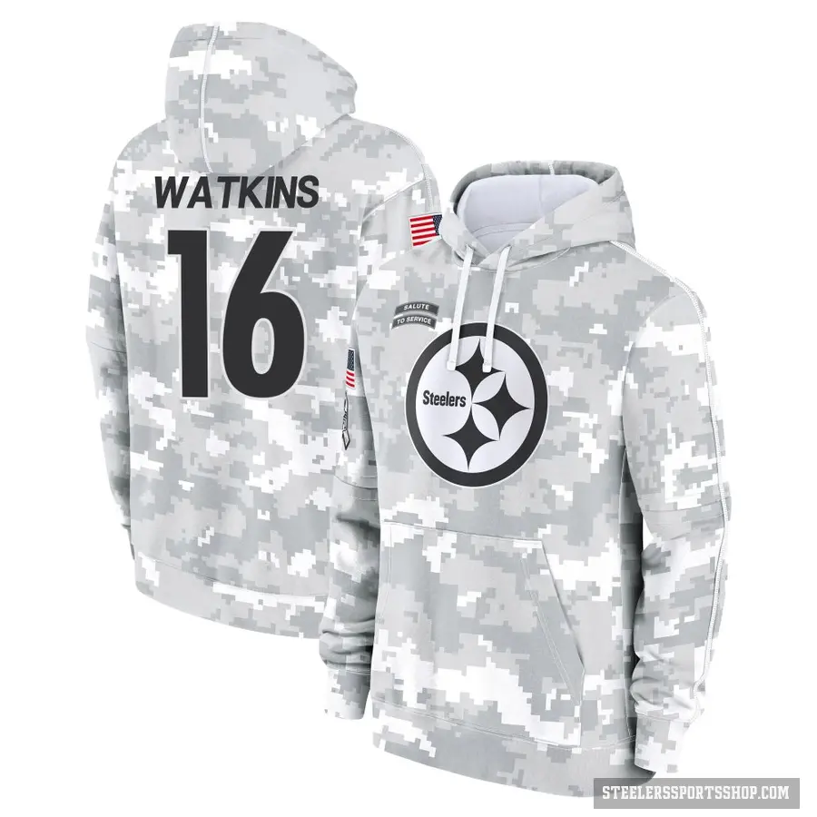 Men's ＃16 Quez Watkins Pittsburgh Steelers Arctic Camo 2024 Salute to Service Club Fleece Pullover Hoodie