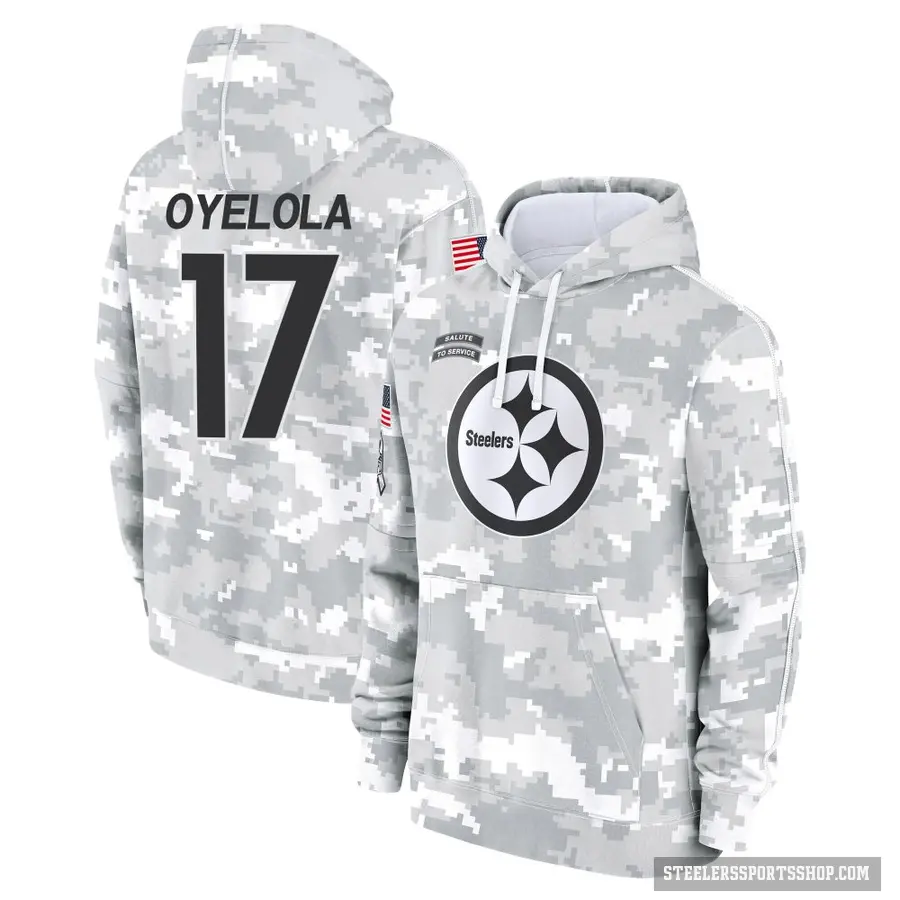 Men's ＃17 Ayo Oyelola Pittsburgh Steelers Arctic Camo 2024 Salute to Service Club Fleece Pullover Hoodie