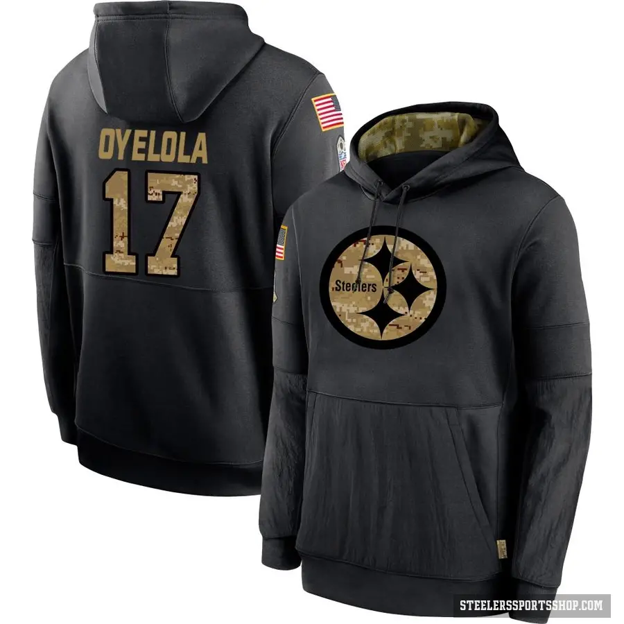 Men's ＃17 Ayo Oyelola Pittsburgh Steelers Black 2020 Salute to Service Sideline Performance Pullover Hoodie