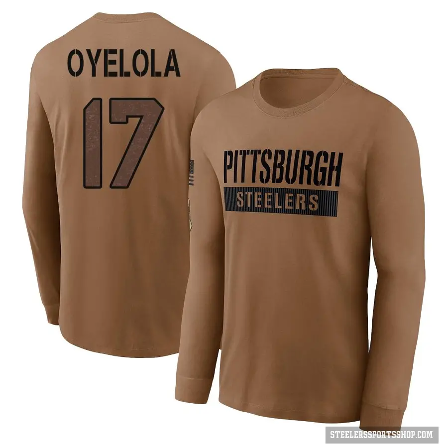 Men's ＃17 Ayo Oyelola Pittsburgh Steelers Brown 2023 Salute To Service Long Sleeve T-Shirt