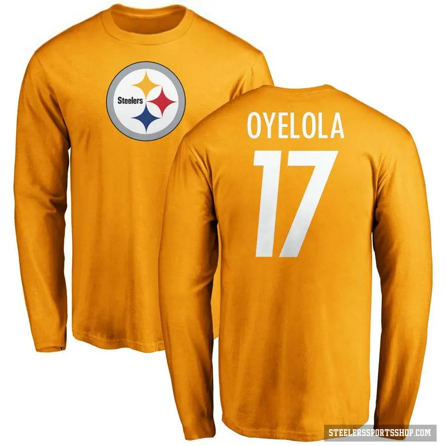 Men's ＃17 Ayo Oyelola Pittsburgh Steelers Gold Logo Long Sleeve T-Shirt