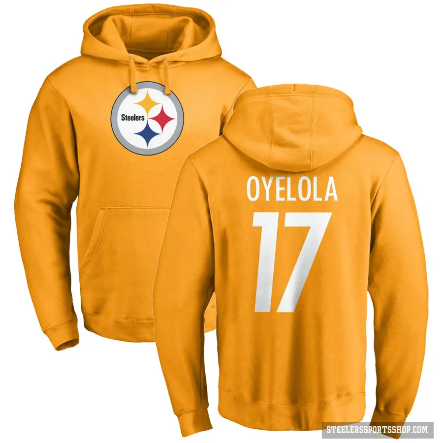 Men's ＃17 Ayo Oyelola Pittsburgh Steelers Gold Pro Line Name & Number Logo Pullover Hoodie