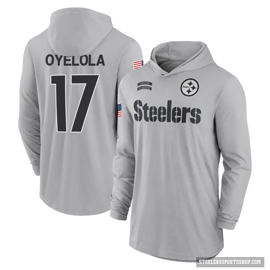 Men's ＃17 Ayo Oyelola Pittsburgh Steelers Gray 2024 Salute to Service Lightweight Performance Long Sleeve Hooded T-Shirt