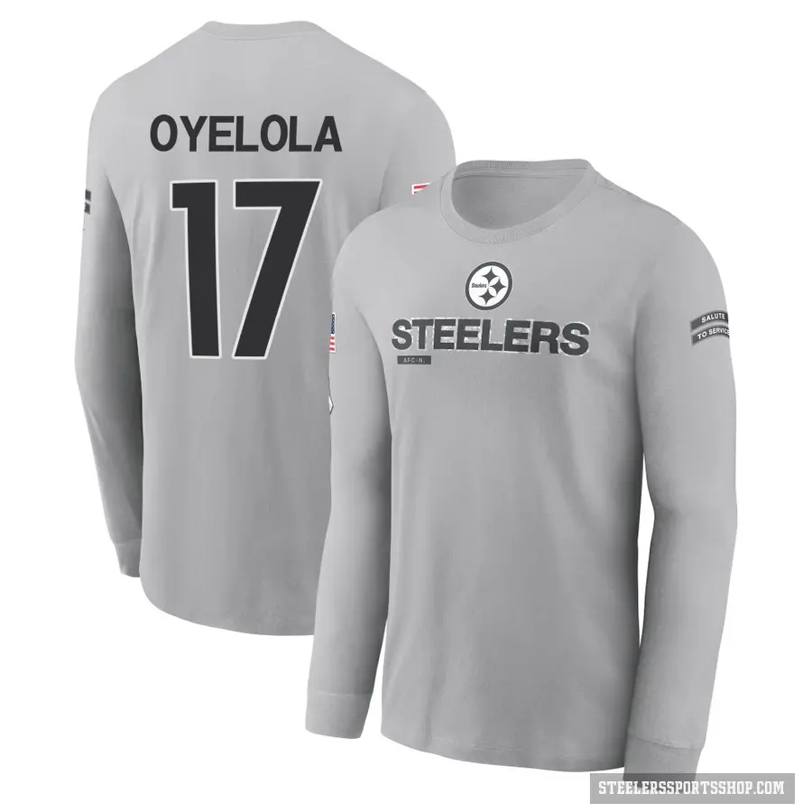 Men's ＃17 Ayo Oyelola Pittsburgh Steelers Gray 2024 Salute to Service Long Sleeve T-Shirt