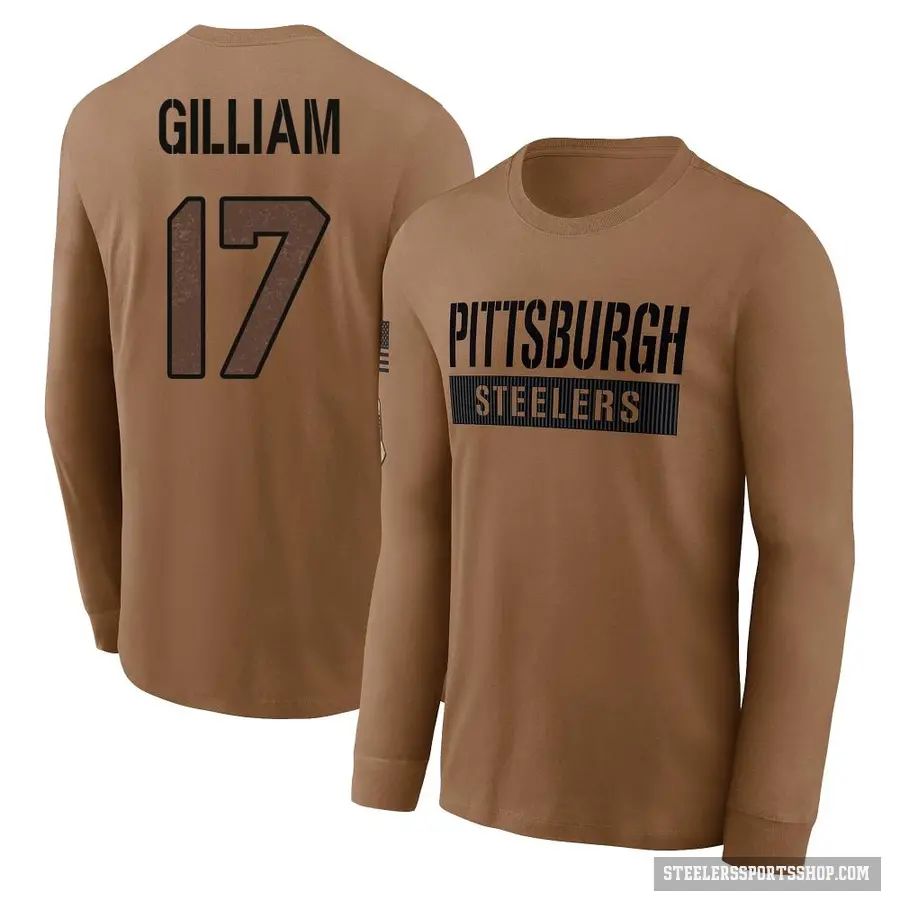 Men's ＃17 Joe Gilliam Pittsburgh Steelers Brown 2023 Salute To Service Long Sleeve T-Shirt