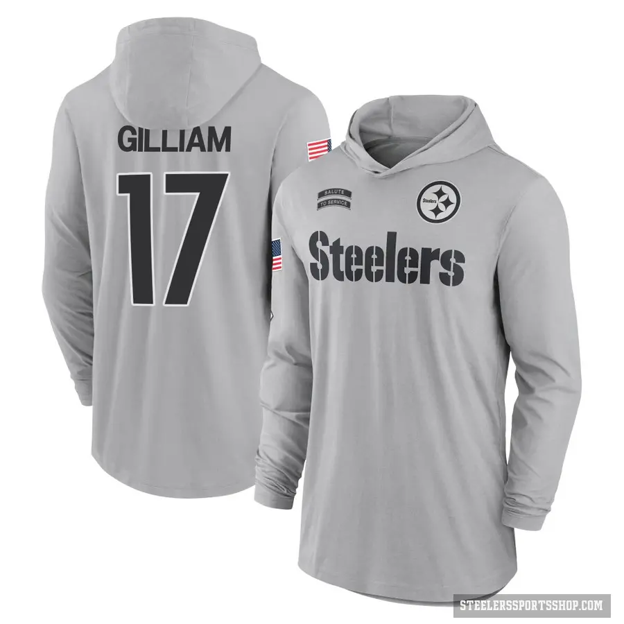 Men's ＃17 Joe Gilliam Pittsburgh Steelers Gray 2024 Salute to Service Lightweight Performance Long Sleeve Hooded T-Shirt