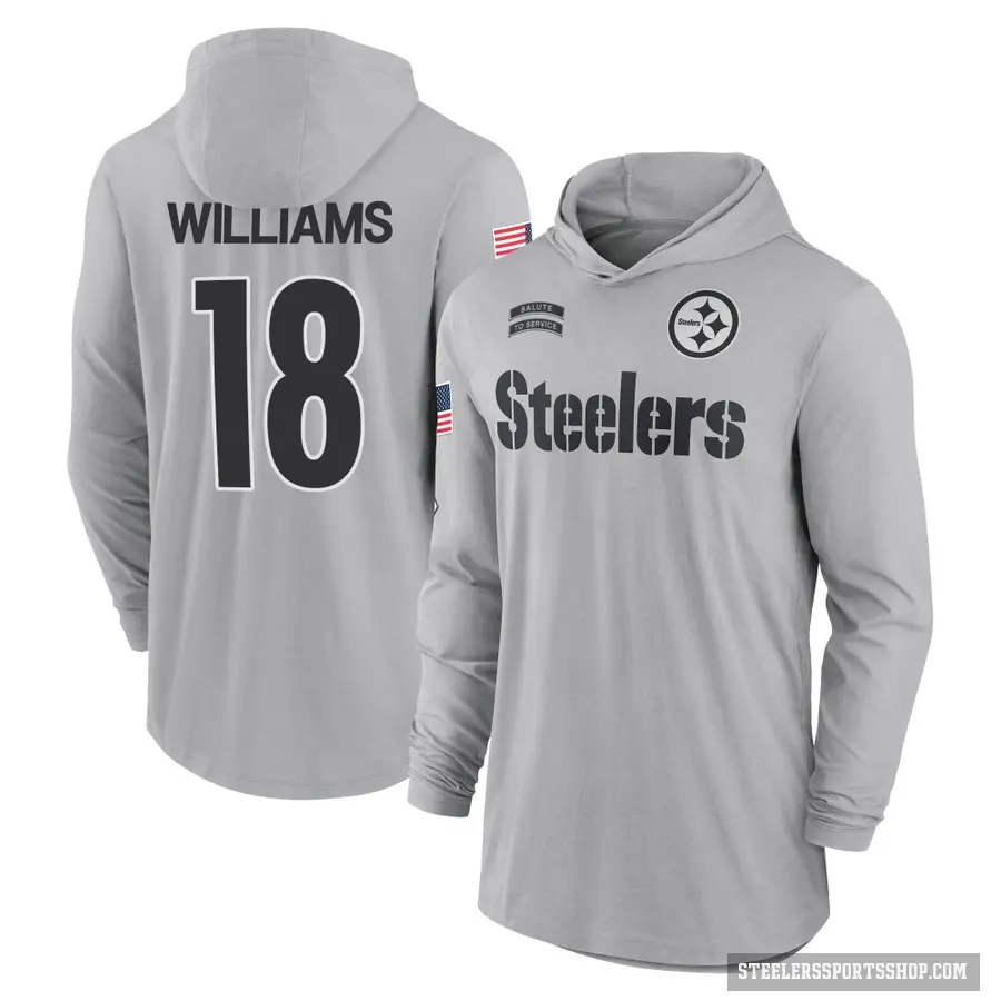 Men's ＃18 Mike Williams Pittsburgh Steelers Gray 2024 Salute to Service Lightweight Performance Long Sleeve Hooded T-Shirt