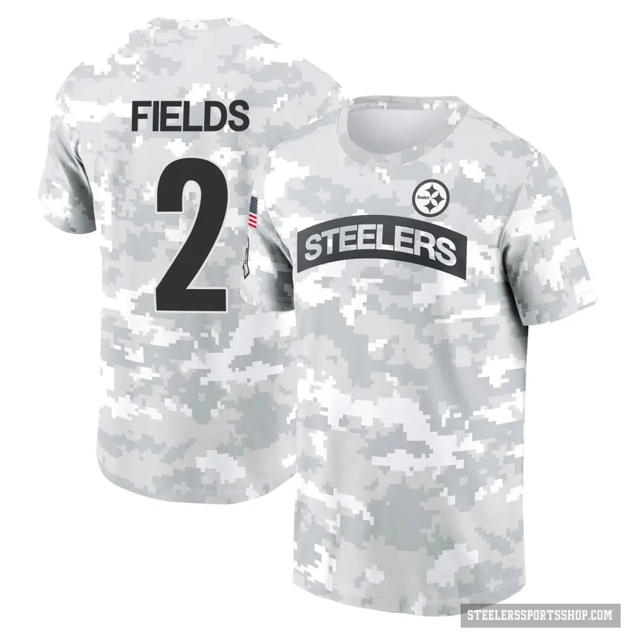 Men's ＃2 Justin Fields Pittsburgh Steelers Camo Arctic 2024 Salute to Service Performance T-Shirt