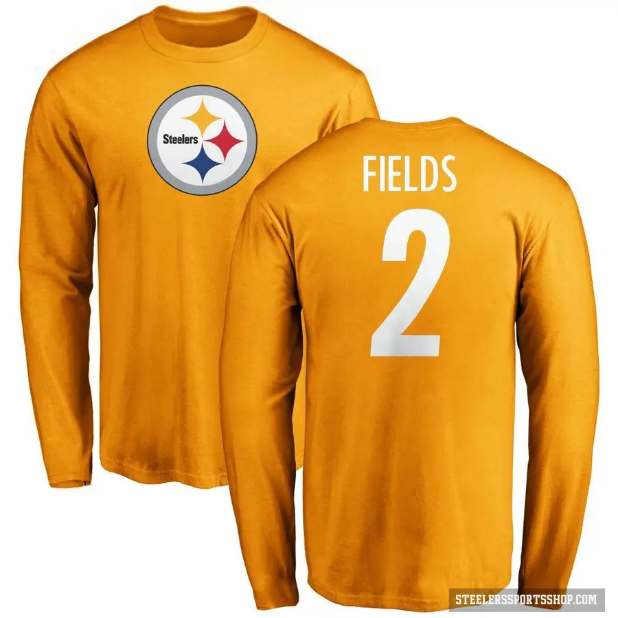 Men's ＃2 Justin Fields Pittsburgh Steelers Gold Logo Long Sleeve T-Shirt