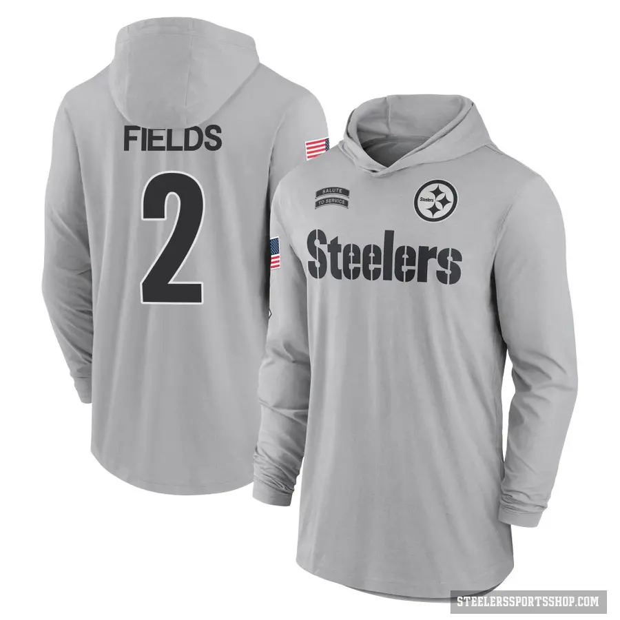 Men's ＃2 Justin Fields Pittsburgh Steelers Gray 2024 Salute to Service Lightweight Performance Long Sleeve Hooded T-Shirt