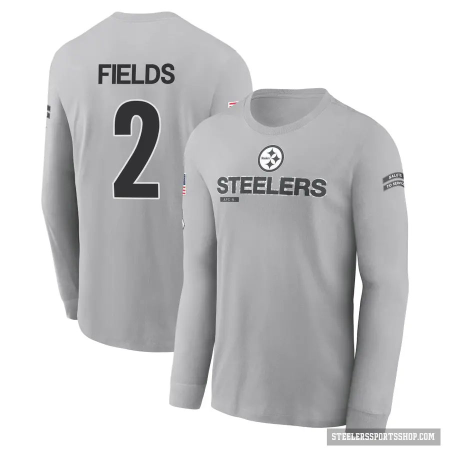 Men's ＃2 Justin Fields Pittsburgh Steelers Gray 2024 Salute to Service Long Sleeve T-Shirt