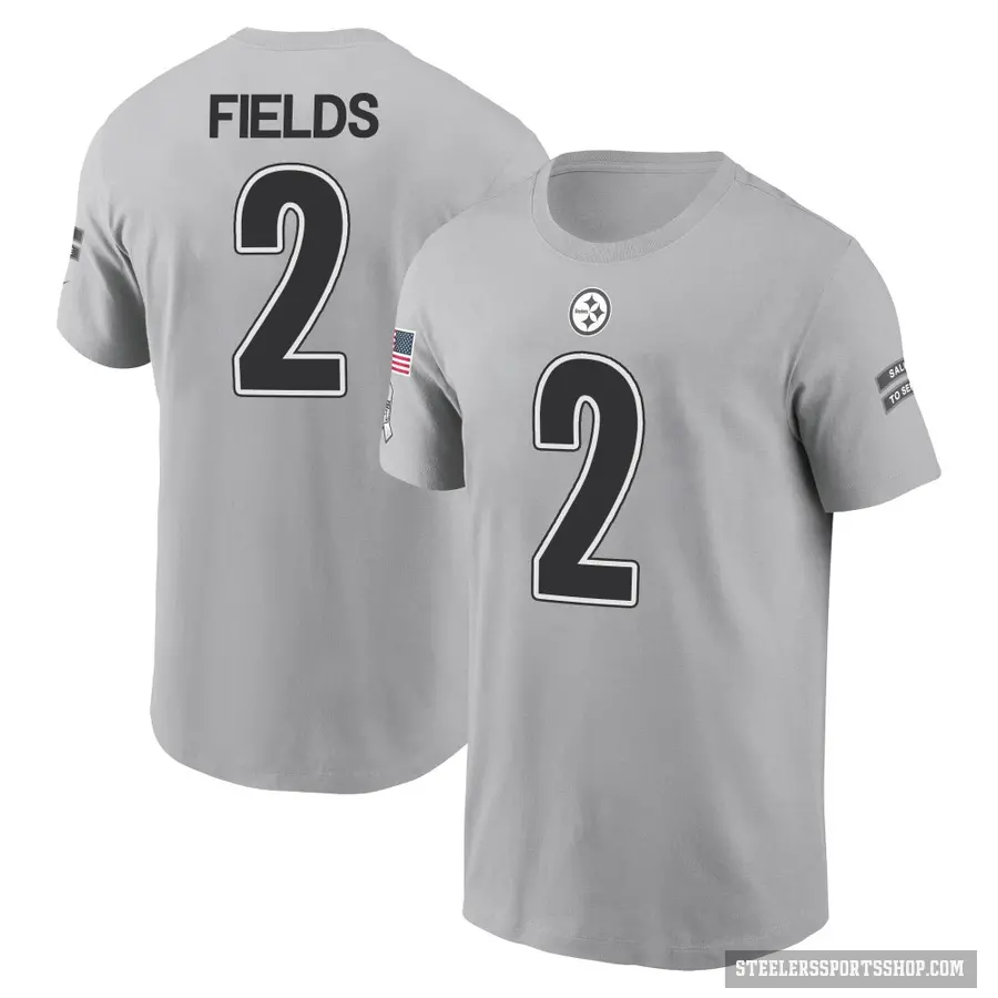 Men's ＃2 Justin Fields Pittsburgh Steelers Gray 2024 Salute to Service T-Shirt