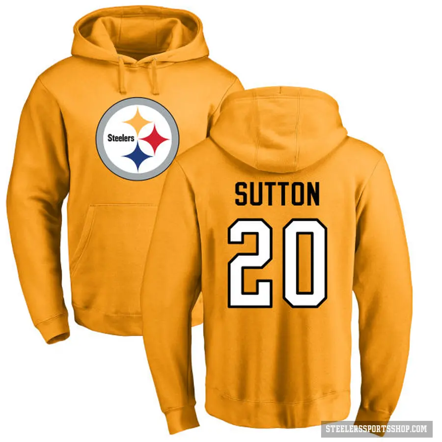 Men's ＃20 Cameron Sutton Pittsburgh Steelers Gold Pro Line Name & Number Logo Pullover Hoodie