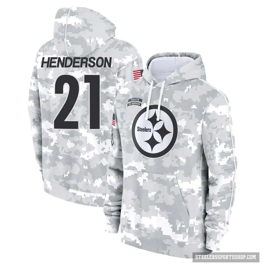 Men's ＃21 C.J. Henderson Pittsburgh Steelers Arctic Camo 2024 Salute to Service Club Fleece Pullover Hoodie