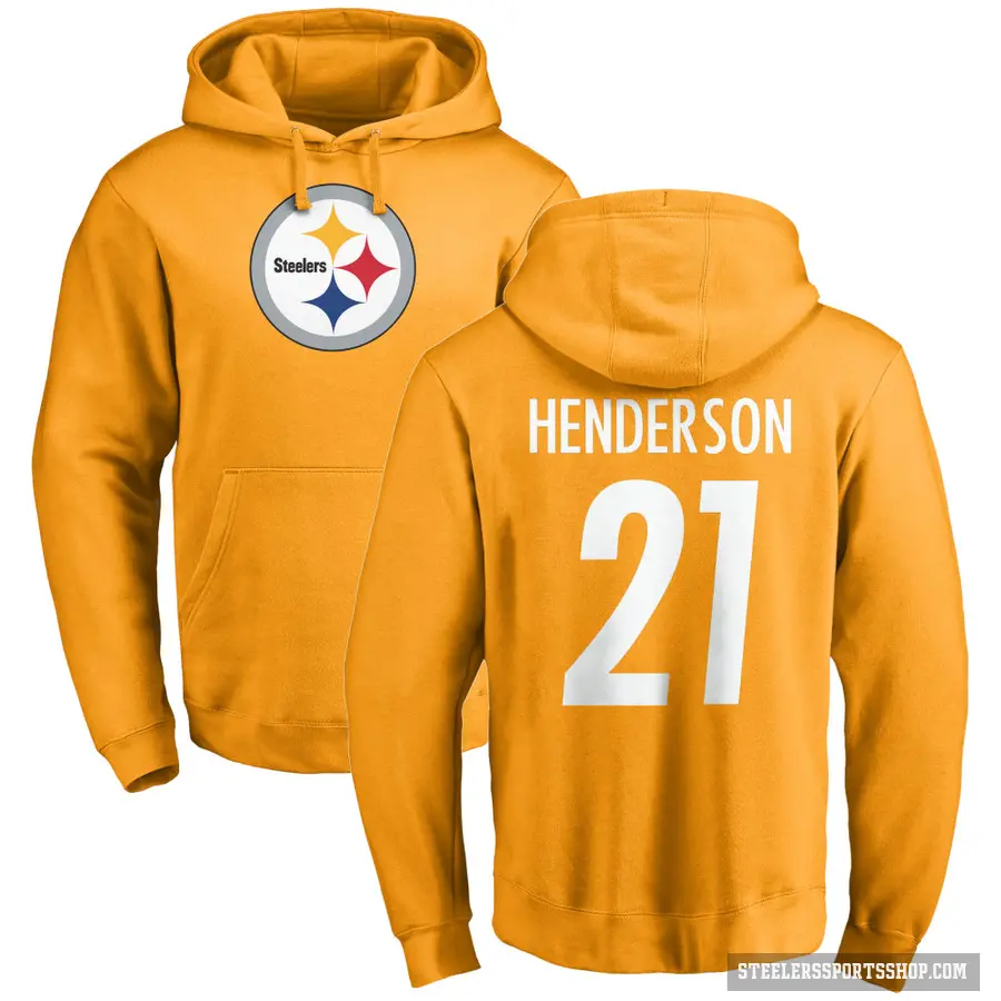 Men's ＃21 C.J. Henderson Pittsburgh Steelers Gold Pro Line Name & Number Logo Pullover Hoodie