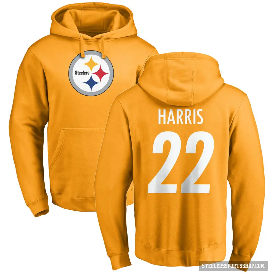 Men's ＃22 Najee Harris Pittsburgh Steelers Gold Pro Line Name & Number Logo Pullover Hoodie