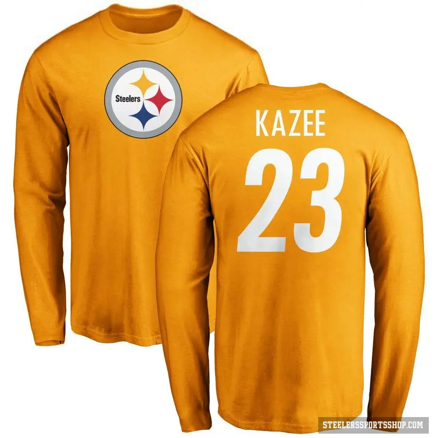 Men's ＃23 Damontae Kazee Pittsburgh Steelers Gold Logo Long Sleeve T-Shirt