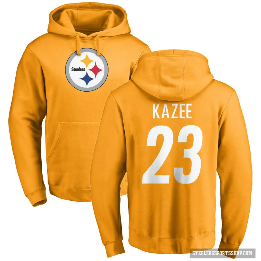 Men's ＃23 Damontae Kazee Pittsburgh Steelers Gold Pro Line Name & Number Logo Pullover Hoodie