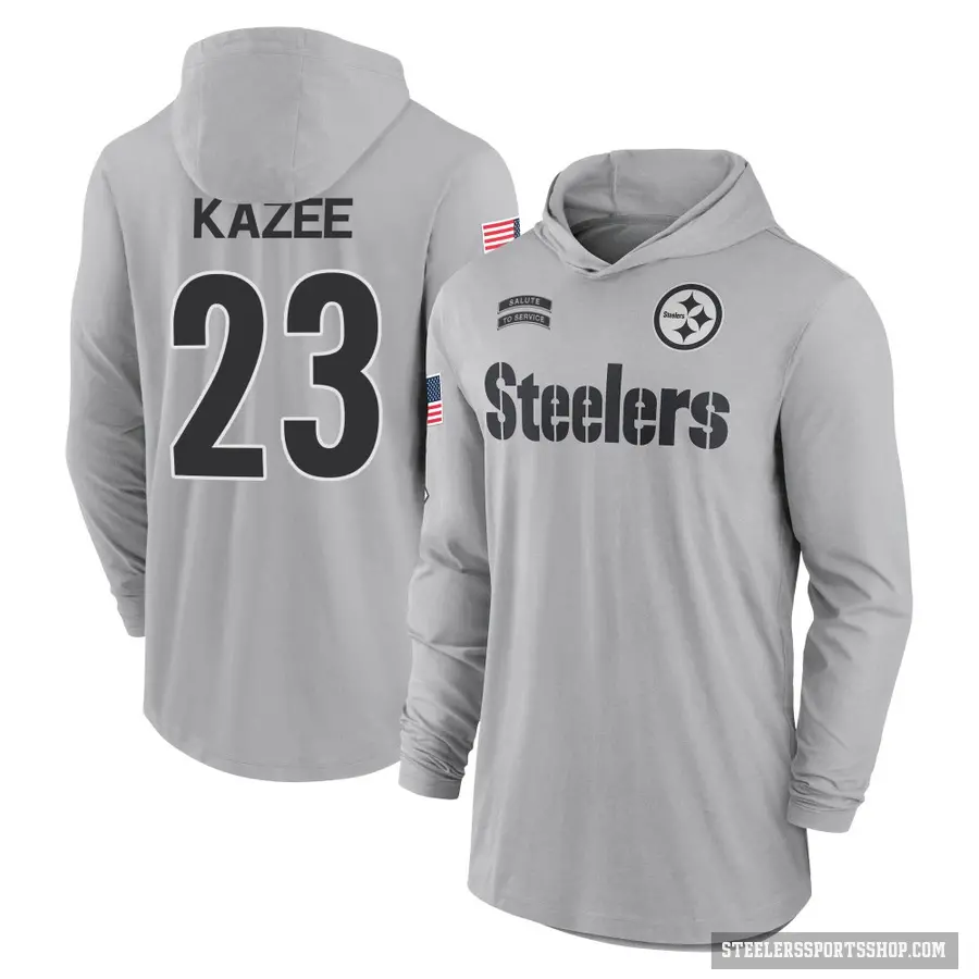 Men's ＃23 Damontae Kazee Pittsburgh Steelers Gray 2024 Salute to Service Lightweight Performance Long Sleeve Hooded T-Shirt