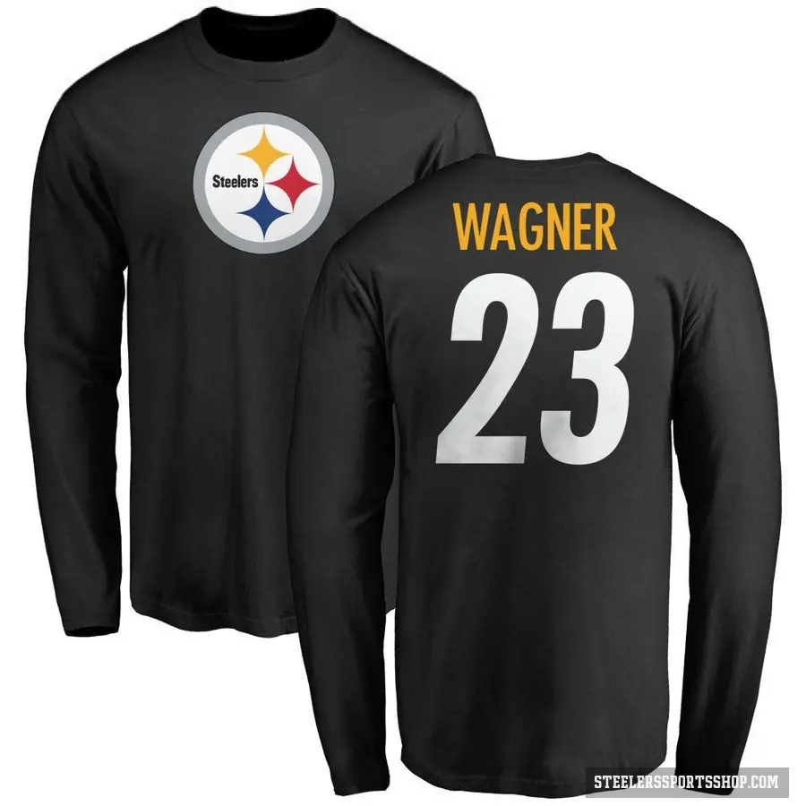 Men's ＃23 Mike Wagner Pittsburgh Steelers Black Logo Long Sleeve T-Shirt