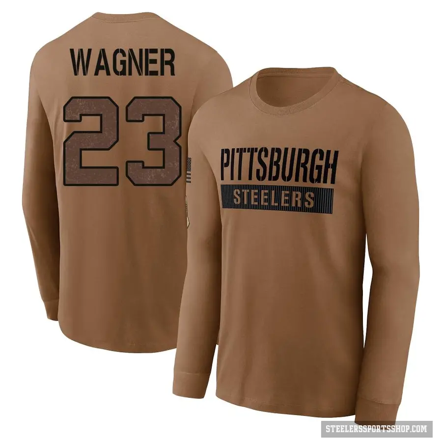 Men's ＃23 Mike Wagner Pittsburgh Steelers Brown 2023 Salute To Service Long Sleeve T-Shirt