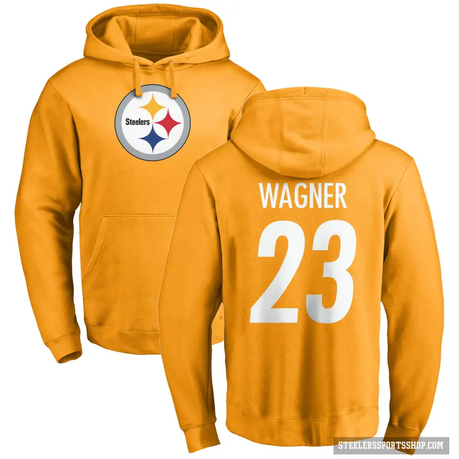 Men's ＃23 Mike Wagner Pittsburgh Steelers Gold Pro Line Name & Number Logo Pullover Hoodie