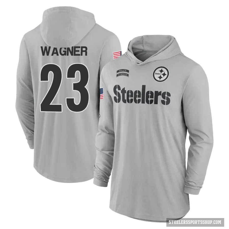 Men's ＃23 Mike Wagner Pittsburgh Steelers Gray 2024 Salute to Service Lightweight Performance Long Sleeve Hooded T-Shirt