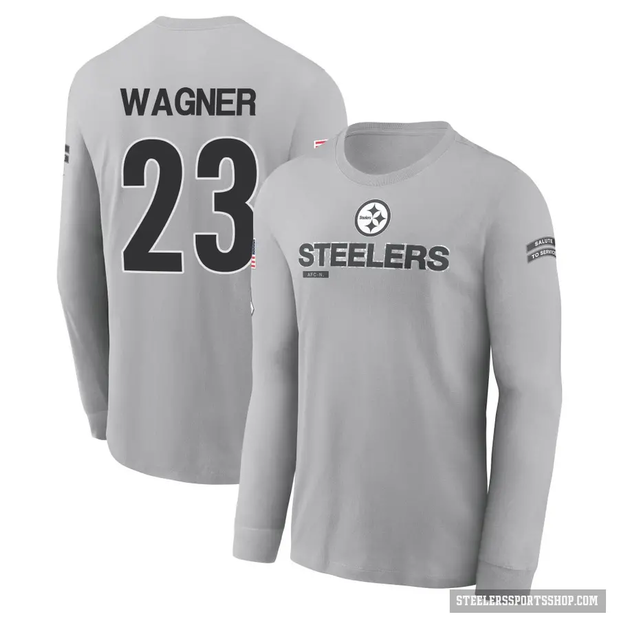 Men's ＃23 Mike Wagner Pittsburgh Steelers Gray 2024 Salute to Service Long Sleeve T-Shirt