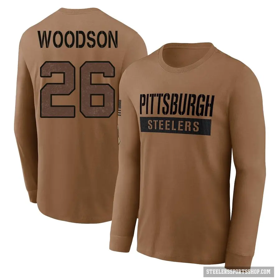 Men's ＃26 Rod Woodson Pittsburgh Steelers Brown 2023 Salute To Service Long Sleeve T-Shirt